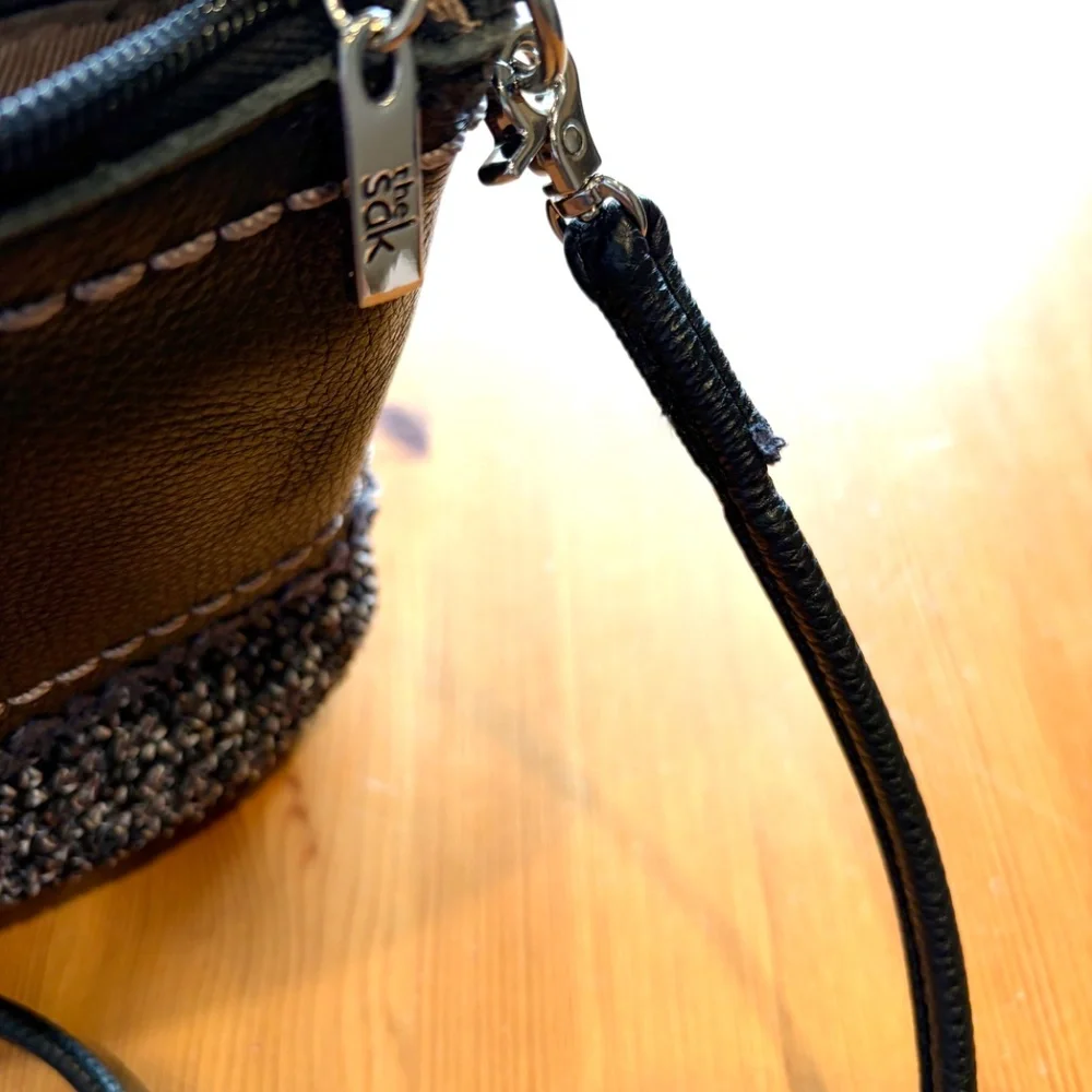 The Sak Crossbody‎ Bag -  Black Leather with Black and Tan Crochet Knit Twill - Picture 6 of 8